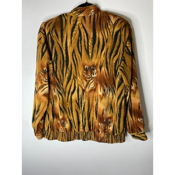 Vintage Women's Orange Satin Striped Tiger Print Elastic Waist Zip-up Jacket 12 - Picture 4 of 6